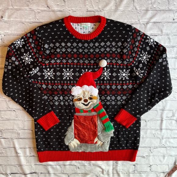Ugly Christmas Sweater Sloth Santa Holiday Party Office XL Animal Fair Isle EUC - Picture 1 of 10